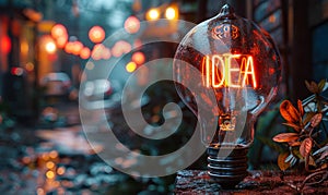 Glowing filament light bulb with IDEA inscription symbolizing creativity, innovation, and inspiration, set against a warm