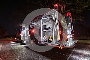 Glowing fire truck at night