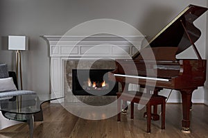 Glowing fireplace with baby grand piano on red oak floors