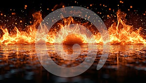 Glowing flame reflecting in dark water at night generated by AI