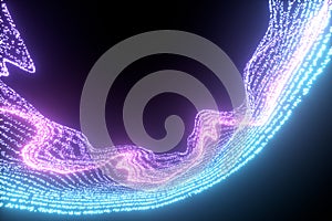 Glowing and flowing particles with dark background, 3d rendering