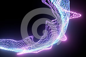 Glowing and flowing particles with dark background, 3d rendering