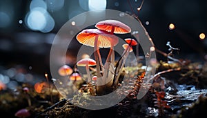 Glowing fly agaric mushroom, a slimy beauty in nature generated by AI