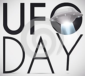 Glowing Flying Saucer Abducting Commemorative Sign for UFO Day, Vector Illustration