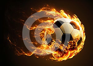 Glowing football ball burning on fire in orange flames with a tail of fire on one side visual representation of the speed