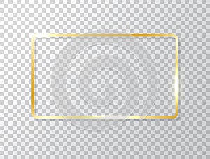 Glowing frame isolated on transparent background. Gold luxury rectangle border. Golden banner with lights effects