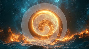 Glowing full moon overshadowing the sun in a cosmic fusion photo