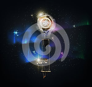 Glowing Futuristic abstract light bulb is among a lot of stars on aurora blue sky, businessman on rope swing reach star, vector