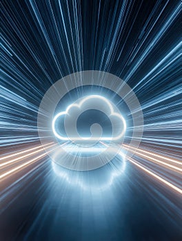Glowing futuristic cloud symbol with radiant streaks of light representing fast data transfer and advanced digital technology