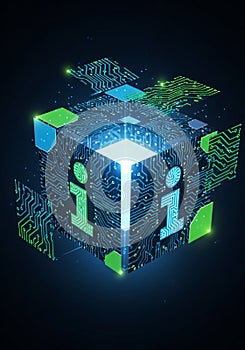 A glowing, futuristic cube with circuit patterns on its surface, floating in a dark