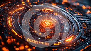 A glowing futuristic digital interface in orange, featuring circular patterns of circuits and data