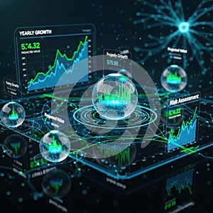 Futuristic digital interface with financial data and neural network visualization