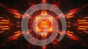 Glowing futuristic microchip processing data in cyberspace tunnel