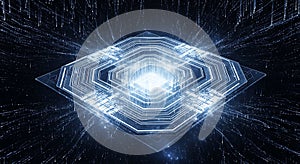 Glowing futuristic processor core with data streams