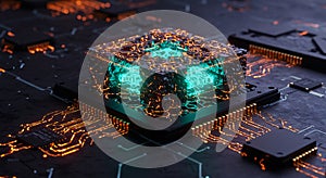 Glowing futuristic processor on a dark motherboard