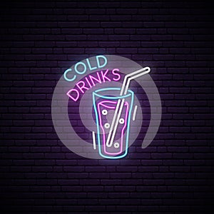 Glowing Glass of cold drink. Neon sign.