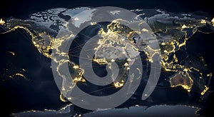 AI-generated Glowing Global Network World Map Technology Visualization