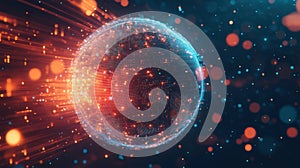 A glowing globe in a geometric form with streaming data representing fast evolving global technology