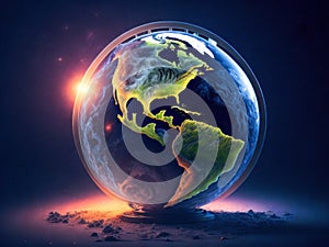 Glowing Globe Planet Earth. World is in our hands. Blue Global Business. Generative Ai