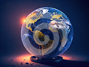 Glowing Globe Planet Earth. World is in our hands. Blue Global Business. Generative Ai