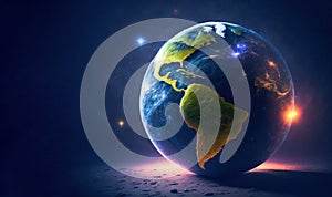 Glowing Globe Planet Earth. World is in our hands. Blue Global Business. Generative Ai