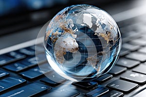 Glowing globe resting on a computer keyboard representing global connectivity and technology