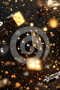 Glowing gold and black dice with casino elements in a dynamic composition