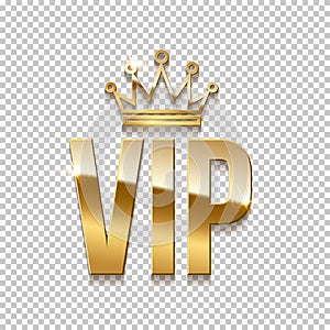 Glowing gold vip text and crown on transparent background. Golden realistic design template. Party premium invitation