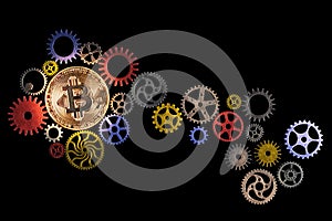 Glowing golden bitcoin and path of colorful cog wheels on black background with copy space.