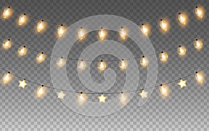 Glowing golden Christmas or New Year garlands string. Light bulbs isolated on transparent background. Vector lights decorations