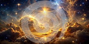 Glowing golden nebula clouds in deep space