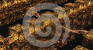 Glowing golden network cubes transmit digital data
