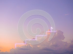Glowing graph steps neon line rise to the top at flag icon, on blue and purple color of sunset sky and clouds background, minimal