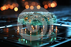 glowing green artificial intelligence in the form of a cyber brain with backlight on the sides and wired connections,