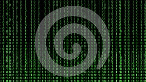 Glowing green binary code cascading down a dark digital screen background