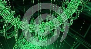 Glowing Green Binary Code Spiral and Data Stream on Dark Digital Background