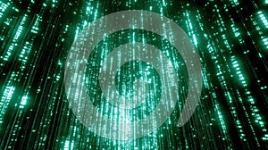 Glowing green binary code streams a falling against are dark background, creating a futuristic representation of data
