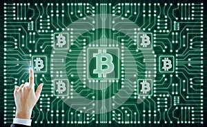 Glowing green bitcoin backdrop