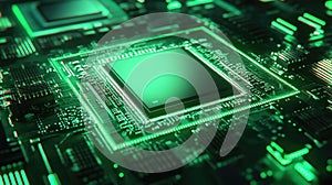 Processing data on glowing green circuit board chip