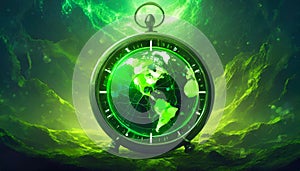 Glowing green clock with world map. Earth Hour Concept