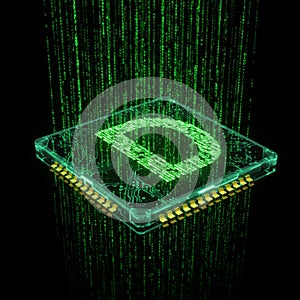 Glowing Green Data Chip with Falling Code