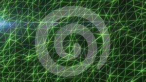 Glowing green digital mesh of interconnected triangles creating an abstract futuristic network, isolated on white