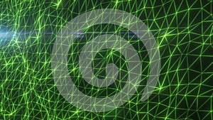 Glowing green digital mesh of interconnected triangles creating an abstract futuristic network, isolated on white