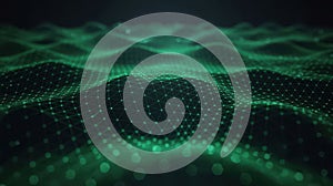 Glowing green digital network grid with interconnected nodes and lines abstract algorithm artificial intelligence