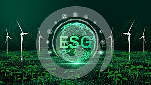 Glowing green ESG concept emphasizing Environmental, Social, Governance principles through wind turbines and sustainable green