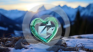 A glowing green glass heart against the wintry mountain landscape symbolizes warmth and comfort during challenging times