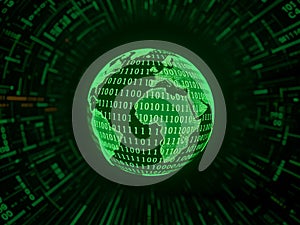 Glowing Green Globe with Binary Code and Light Rays â Digital Technology Theme