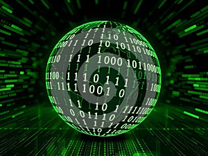 Glowing Green Globe with Binary Code and Light Rays â Digital Technology Theme
