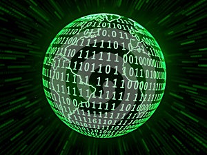Glowing Green Globe with Binary Code and Light Rays â Digital Technology Theme
