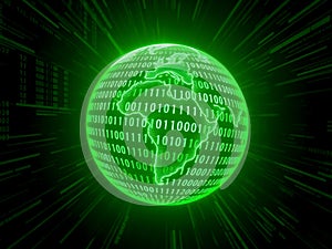 Glowing Green Globe with Binary Code and Light Rays â Digital Technology Theme